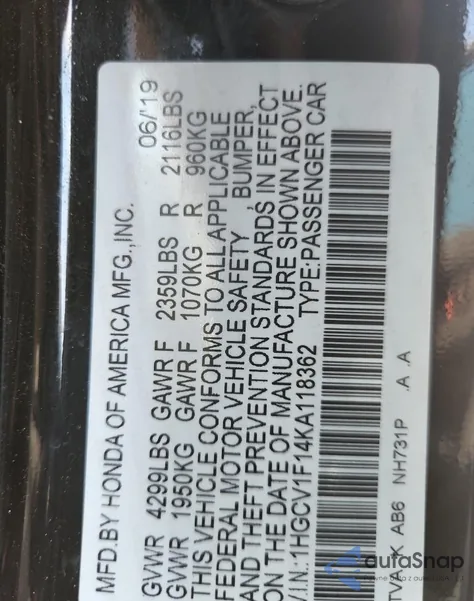 2019 Honda Accord Lx z USA, uszkodzony, nr VIN 1HGCV1F14KA118362